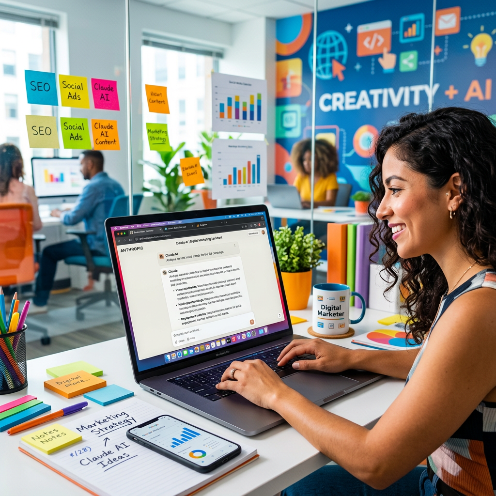 Woman working on laptop with AI marketing chat, graphs, and sticky notes about SEO and social ads